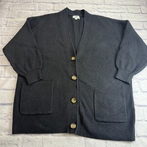 Aerie Black Ribbed VNeck Knit Sweater Cardigan w/Brown Buttons. Size Medium.
